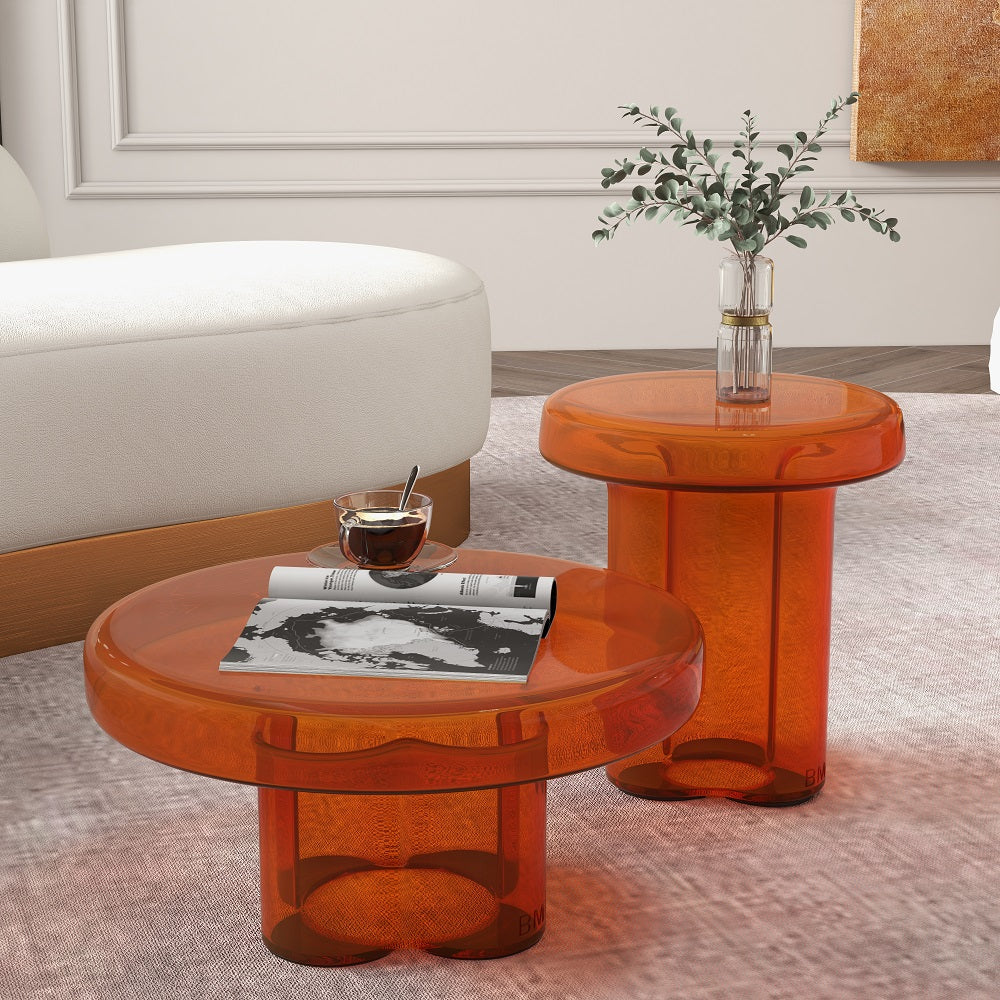 Modern Glass Coffee Table Set 2-Piece Cloud-Shaped in Orange