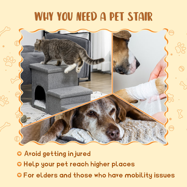 Dog Steps 3-step Pet Stairs with Kitten House and 2 Storage Boxes