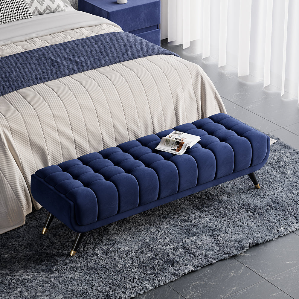 Enoak Modern Blue Bedroom Bench Velvet Upholstery Wooden Legs