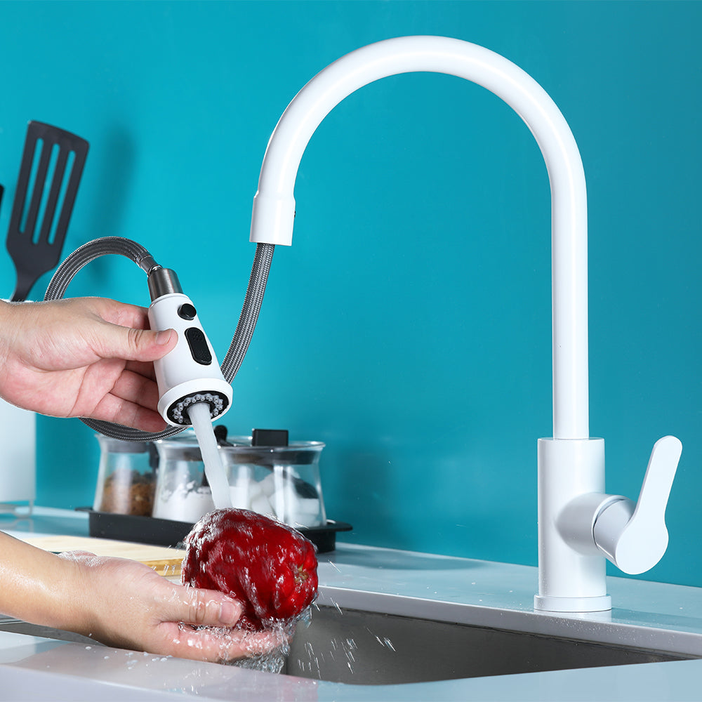 White High-Arc Single Lever Handle Pullout Sprayer Kitchen Tap with Dual Function