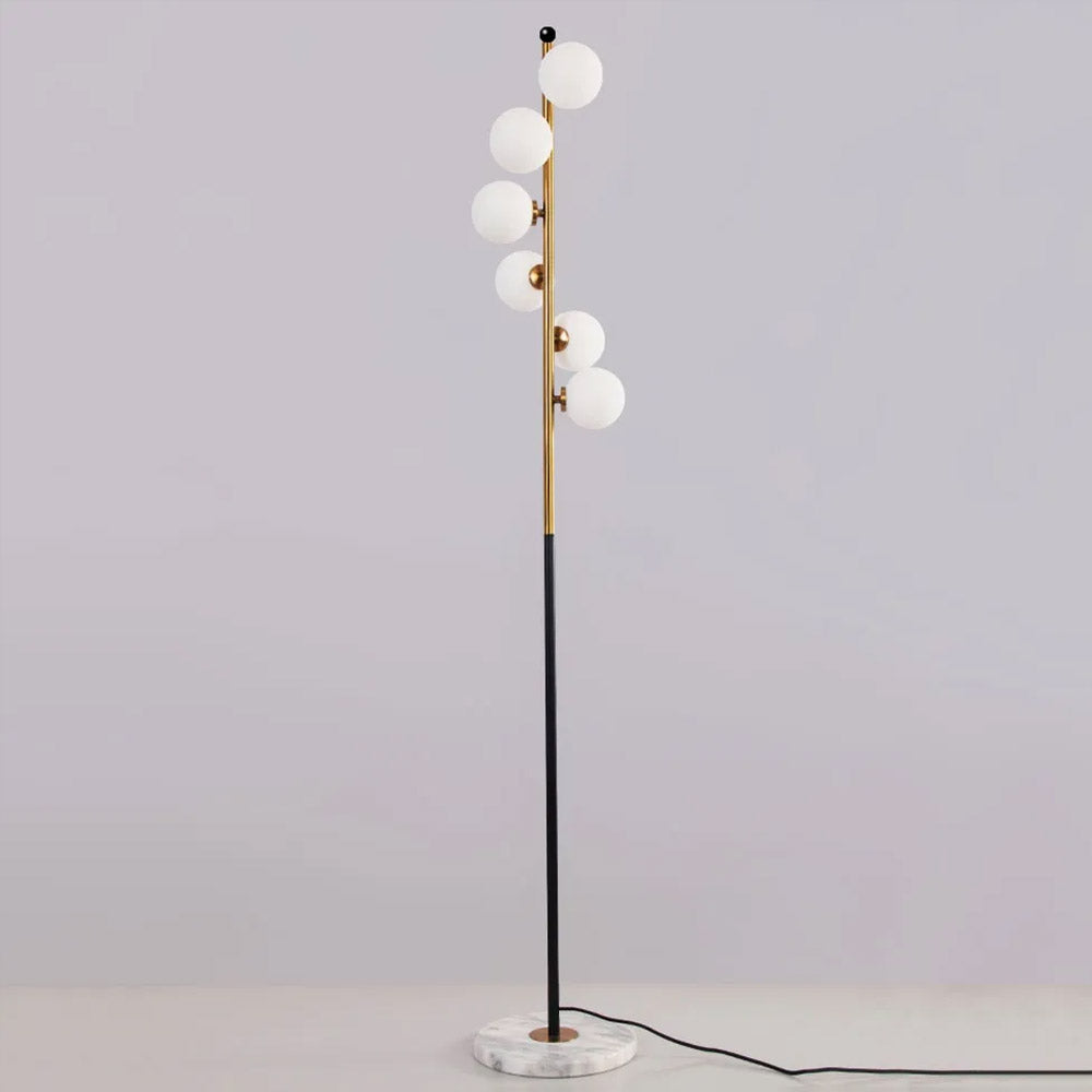 Modern White Globe Glass 6-Light Floor Lamp with Round Marble Base in Black and Gold