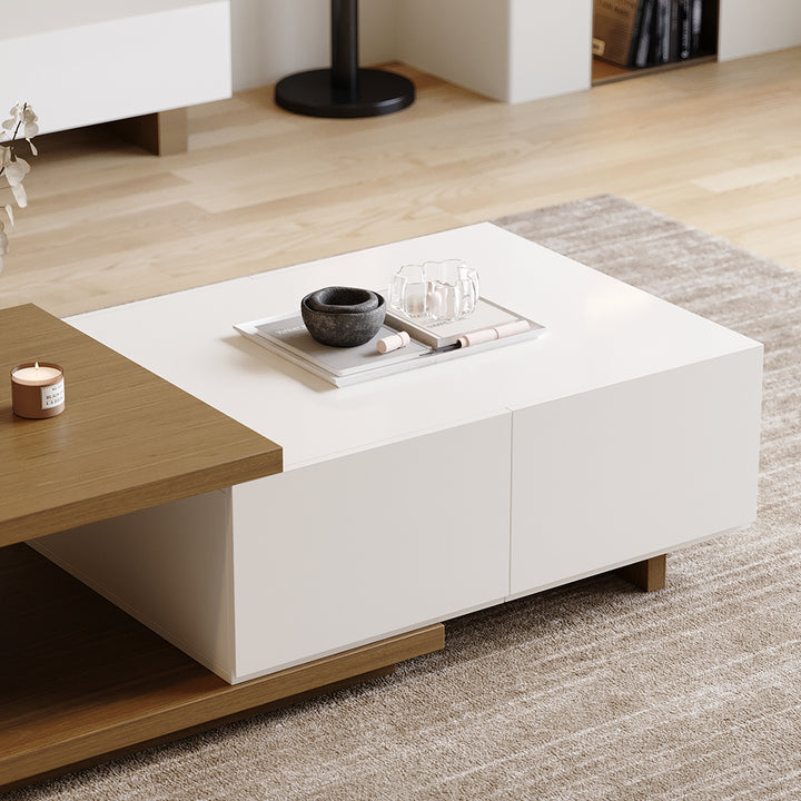 Quoint 1750mm Modern White & Walnut Coffee Table Retracted & Extendable with 2-Drawer