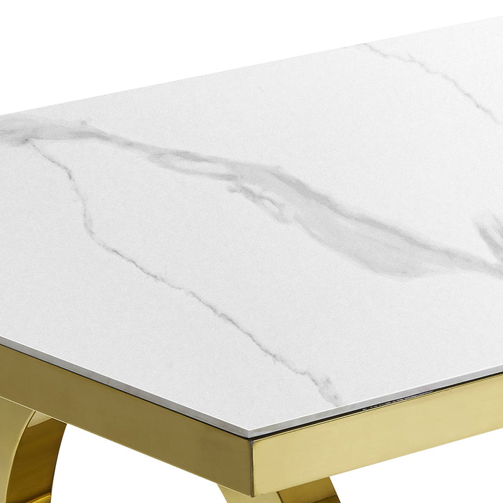 79" Rectangle Marble Dining Table Stainless Steel Base in Luxury Gold Modern White Dining Room Table