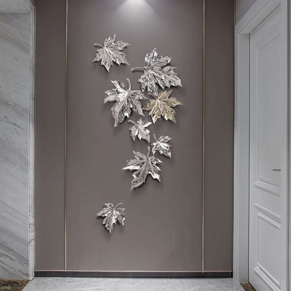 8 Pieces Modern 3D Metal Maple Gold & Silver Leaves Home Wall Decor in Living Room