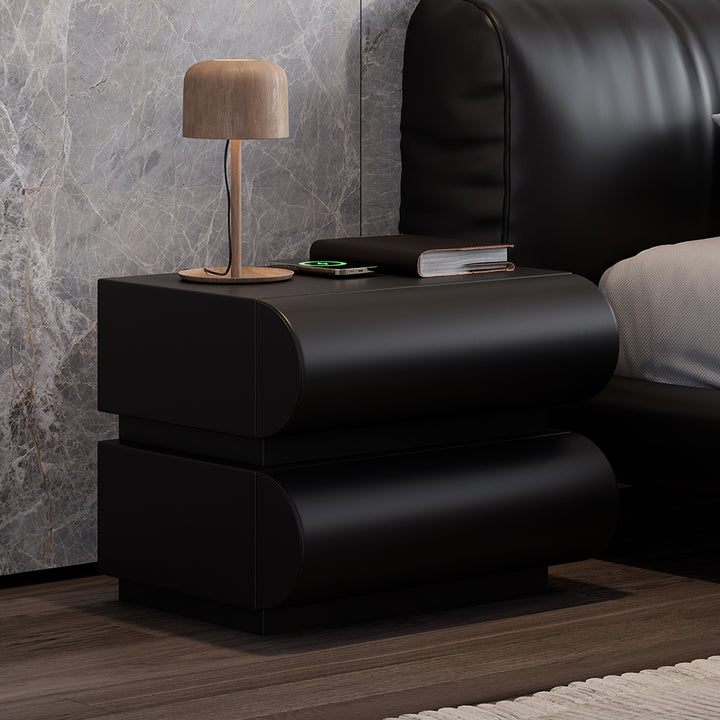 Modern Black Leather Smart Nightstand with Wireless Charger 2 Drawers Bedside Table with USB & Type-C Ports