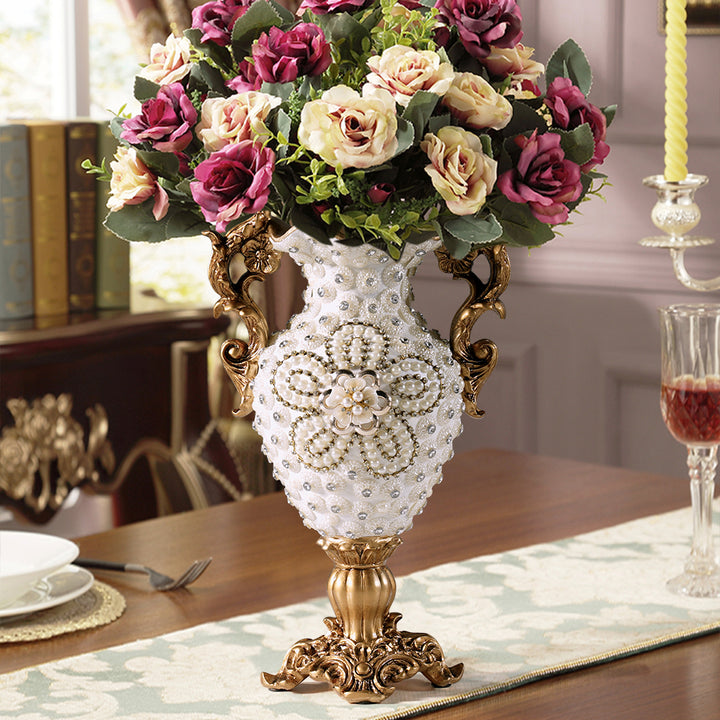 Shinely 380mm European Retro White & Gold Resin Large Flower Vase Decor Art Living Room