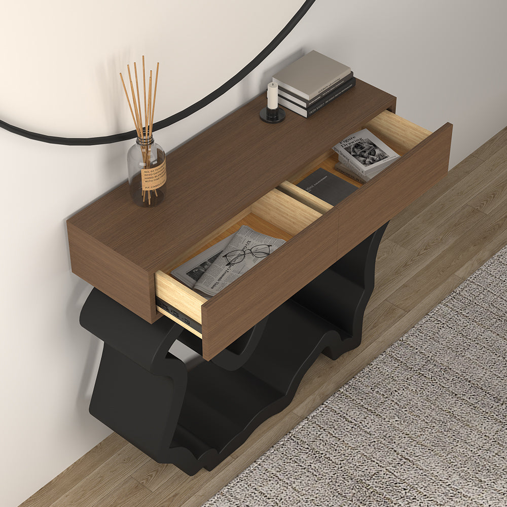 1000mm Modern Walnut & Black Console Table with Drawers