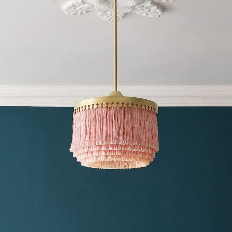 Stylish Pink Pendant Light Fringe Pendant Light Tassel Lighting Boho 1-Light Pendant Light in Gold Finish