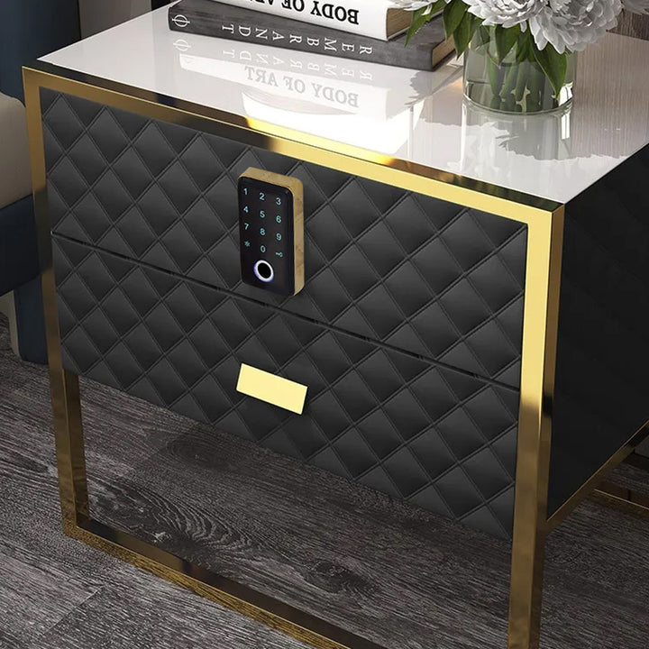 Black 2 Drawers Bedroom Nightstand with Electronic Lock Stainless Steel Base