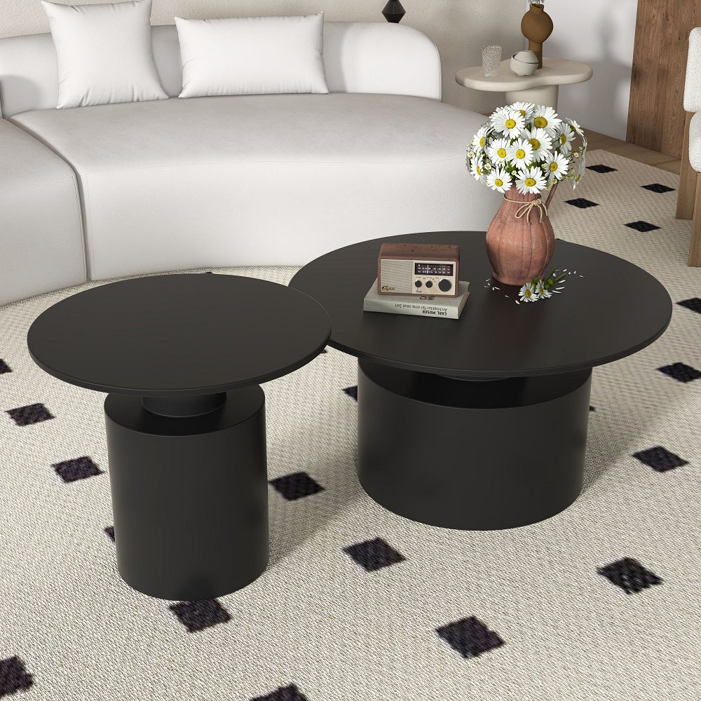 Black Round Coffee Table Metal Accent Table Set of 2