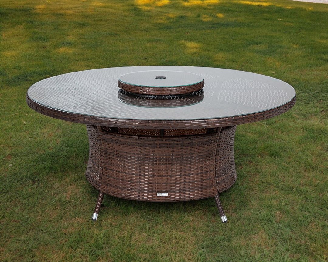 Large Round Rattan Garden Dining Table with Lazy Susan in Brown - Rattan Direct