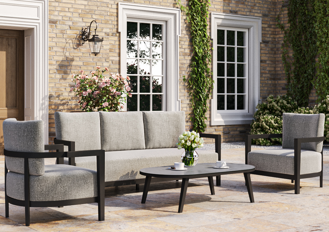 Aluminium & Fabric 3 Seater Garden Sofa Set with Grey Cushions - Alina - Rattan Direct