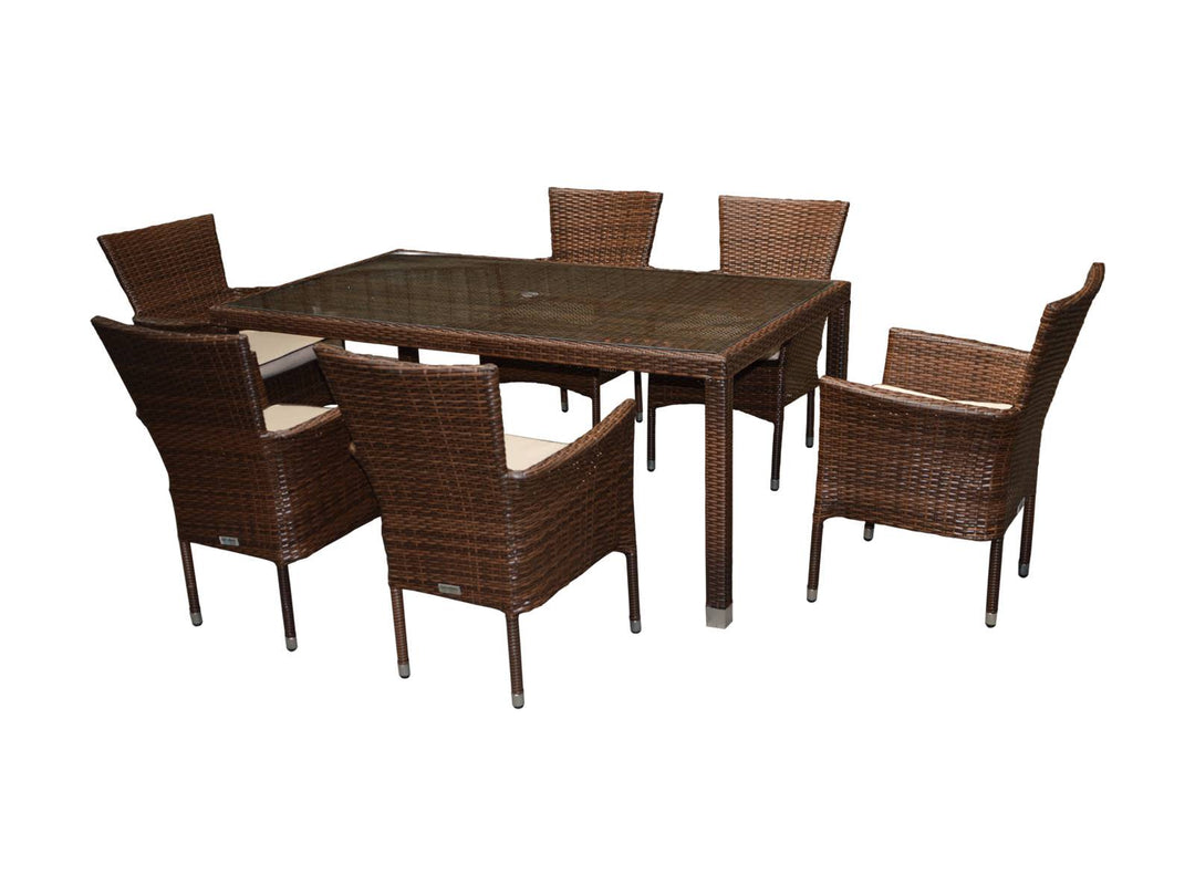 2 Reclining + 6 Stackable Rattan Garden Chairs & Open Leg Rectangular Table Set in Brown - Cambridge - Rattan Direct