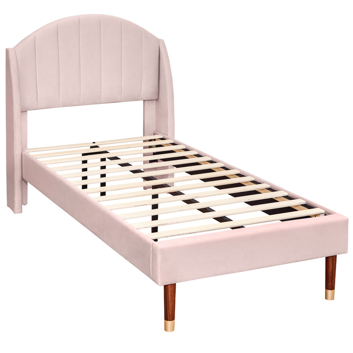 Double Stylish Velvet Fabric Upholstered Bed with Slatted Frame and Headboard