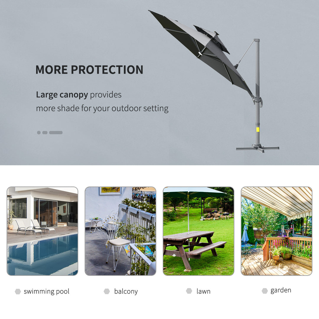 3m Cantilever Parasol w/ Solar Lights Power Bank Cross Base Adjustable Canopy 360° Spin Garden Umbrella 2-Tier Roof Sun Shade Grey