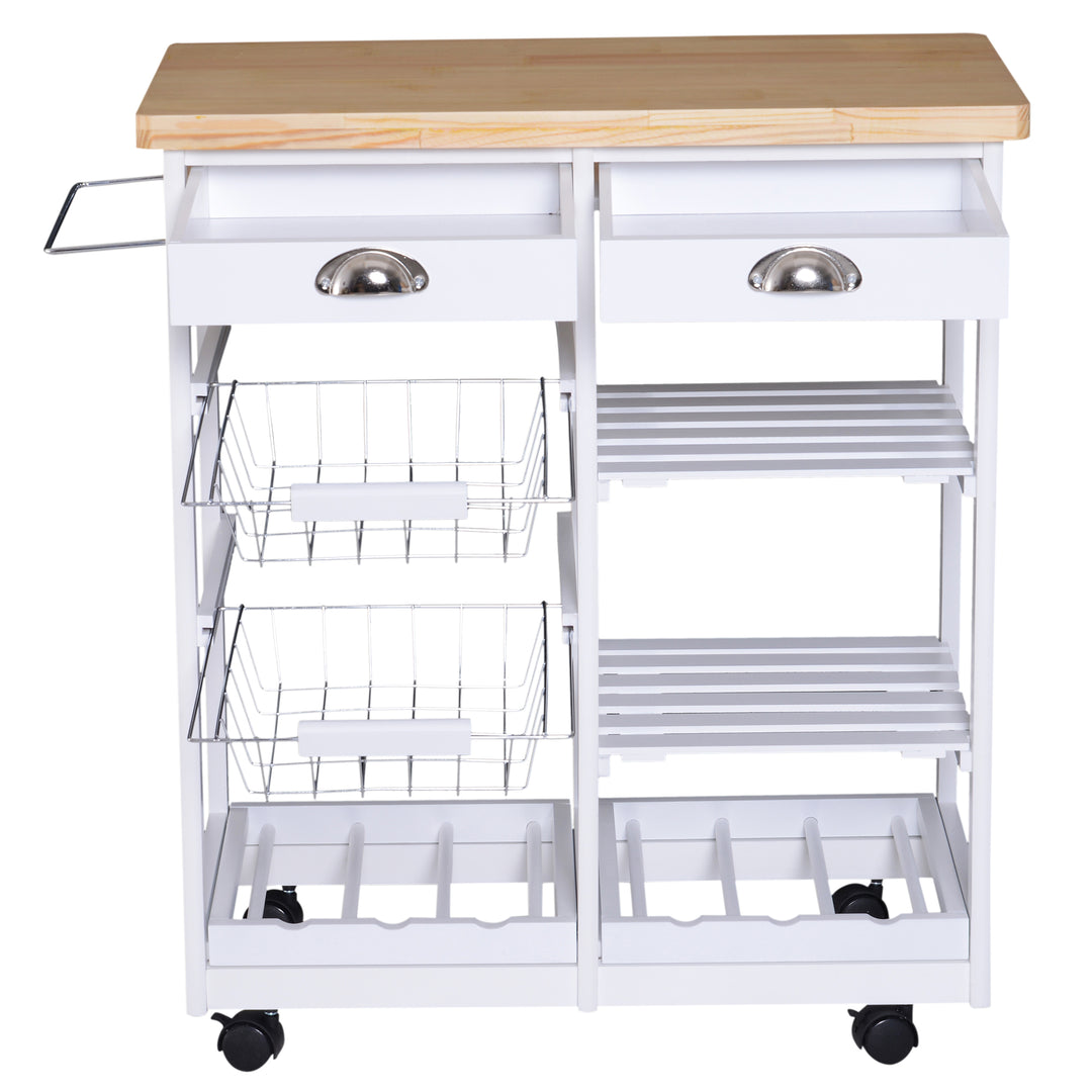 Rolling Kitchen Island Trolley Cart Drawer Shelves Basket Wheels W/ 6 Bottle Wine Rack White