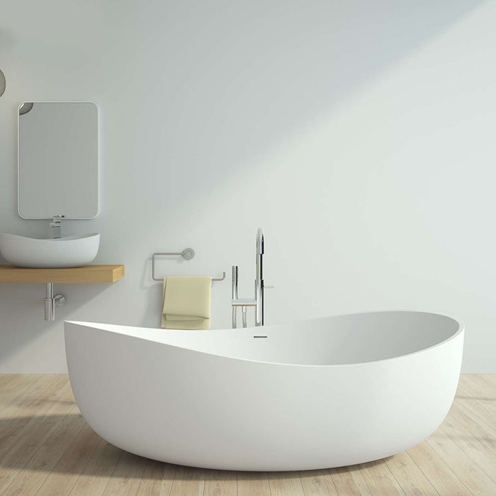 70" Contemporary Oval Freestanding Stone Resin Soaking Bathtub in Matte White