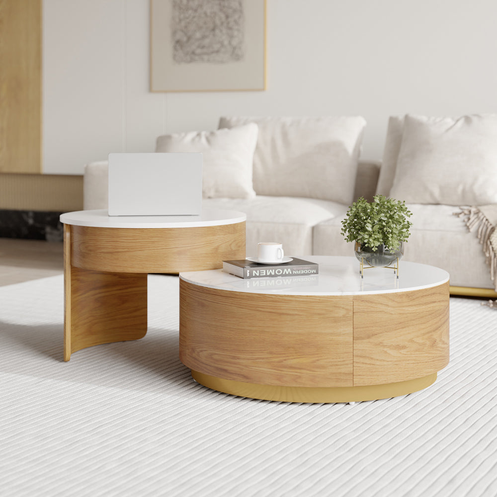 Modern Round Coffee Table with Storage Lift-Top Wood & Glass Coffee Table with 2 Drawers