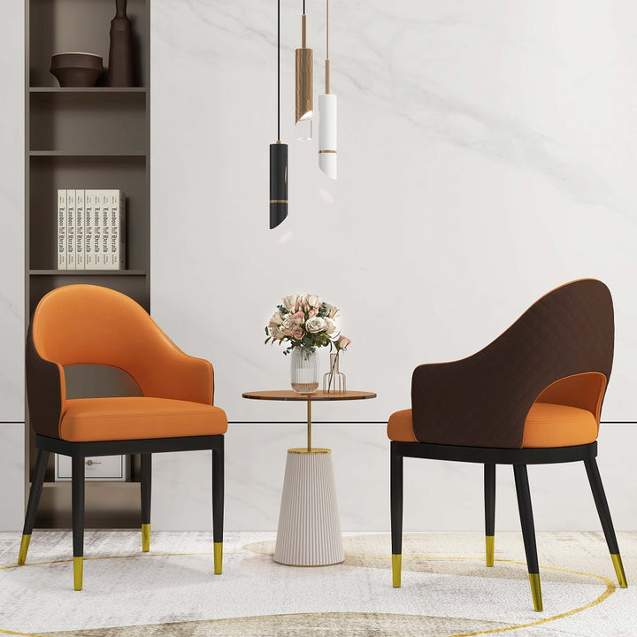 Modern Orange & Coffee PU Leather Dining Chair (Set of 2) Open Back with Arms