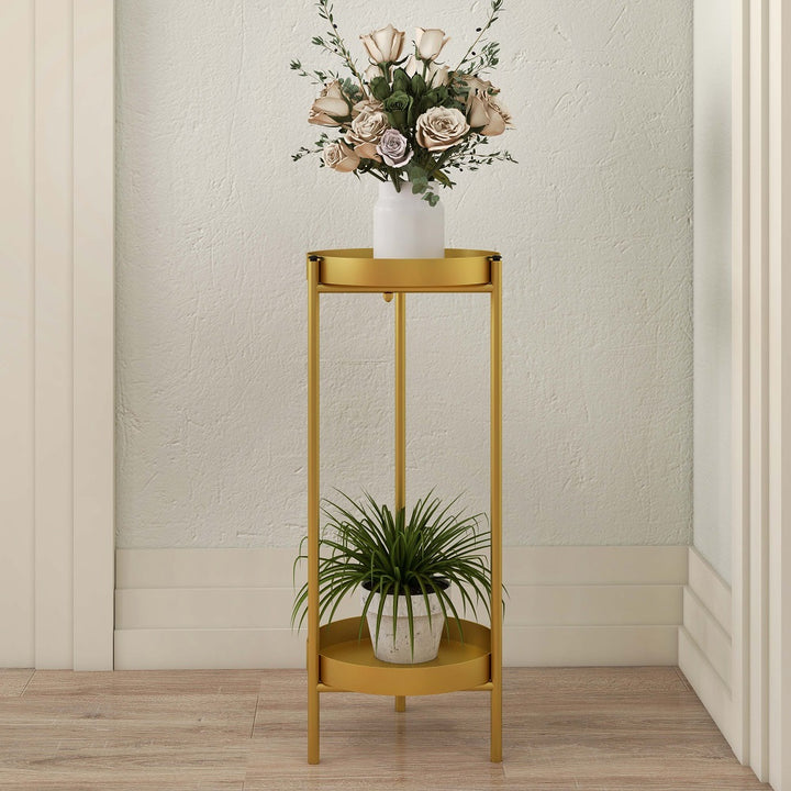 Round Metal Plant Stand 2-Tiered Gold Plant Pot Stand for Indoor in Large