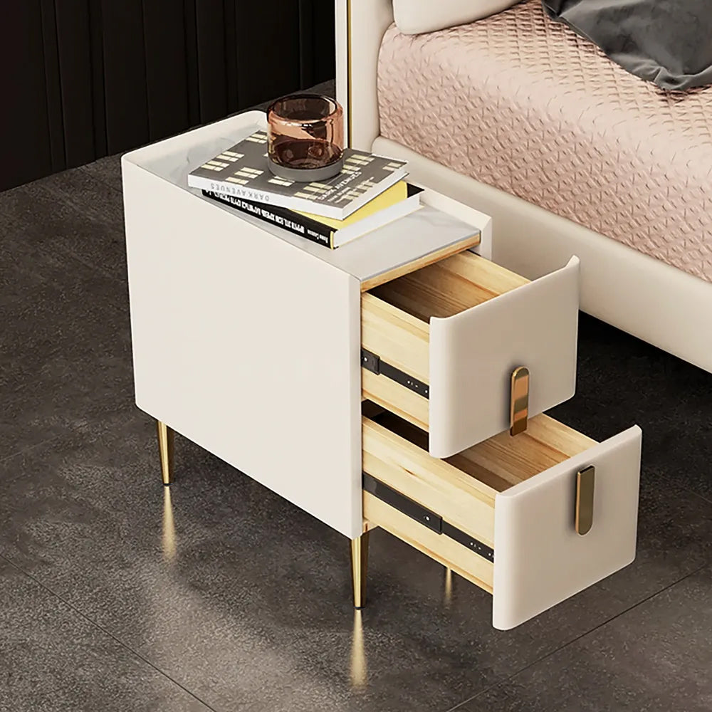 Inarrow Modern Beige Nightstand Bedside Table with 2 Drawers in Gold Legs