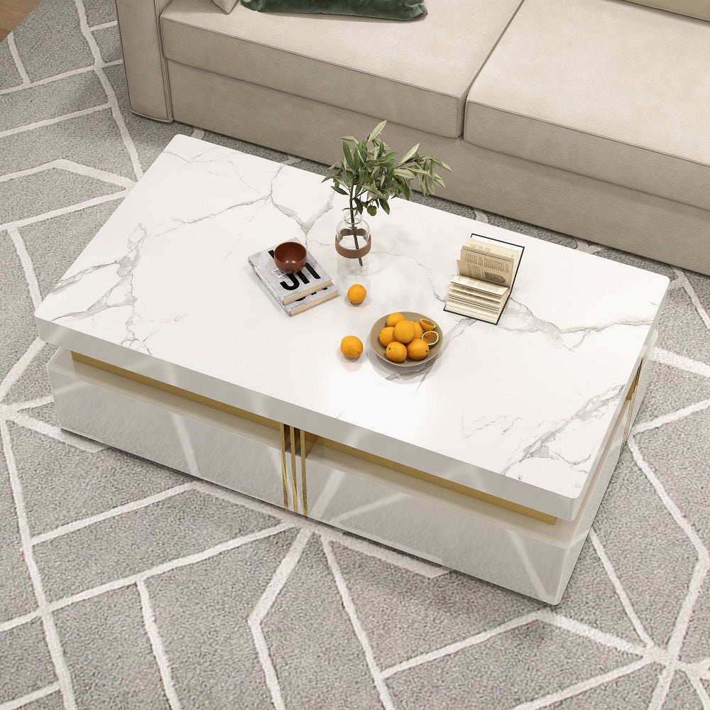 Trimied Modern Wood Coffee Table with Storage in White Center Table Stainless Steel Base