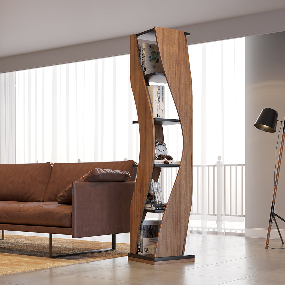 5-Tier Geometric Bookshelf Curved Shape Industrial Bookcase in Walnut & Black Rotating