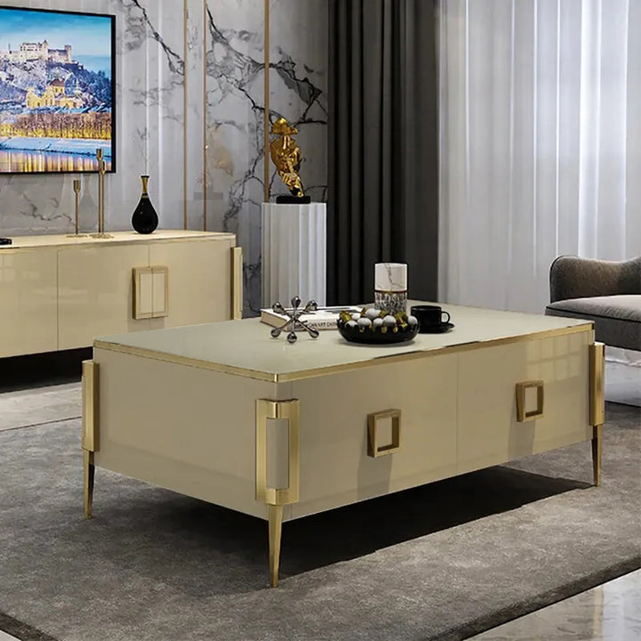 Vectic Modern Gold Rectangular Coffee Table with Drawers & Tempered Glass Tabletop