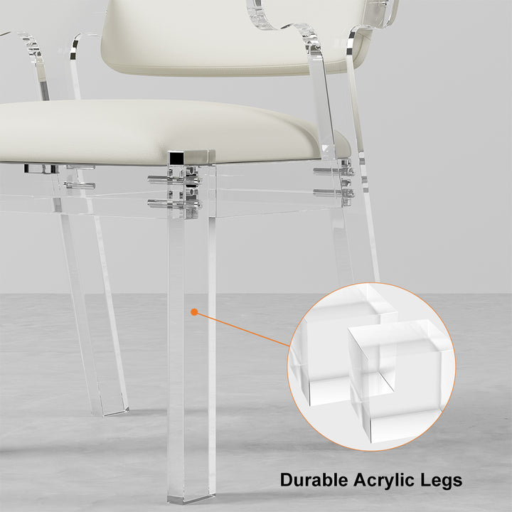 Modern Acrylic White Dining chair with Arms Upholstered PU Leather Dining Room Chair