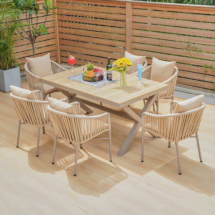 7 Pieces Outdoor Dining Set with Rectangle Table and Woven Rattan Armchair in Natural