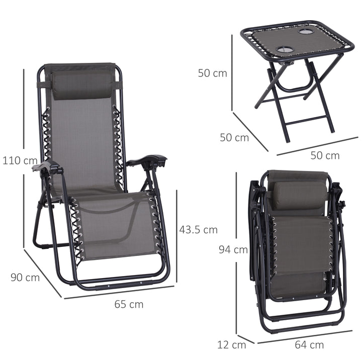 3pcs Folding Zero Gravity Chairs Sun Lounger Table Set w/ Cup Holders Reclining Garden Yard Pool