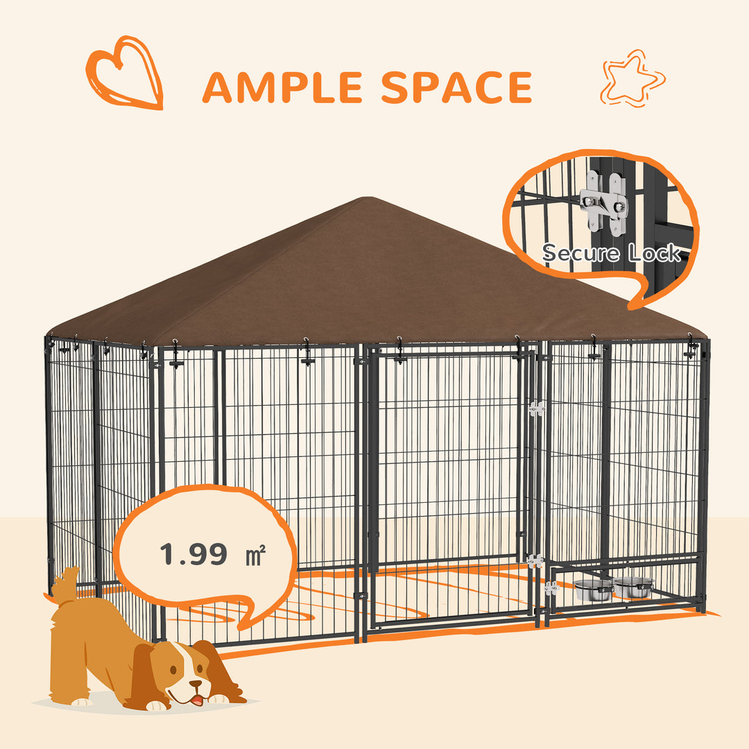 Outdoor Dog Kennel Puppy Play Pen with Canopy Garden Playpen Fence Crate Enclosure Cage Rotating Bowl 211 x 141 x 151 cm