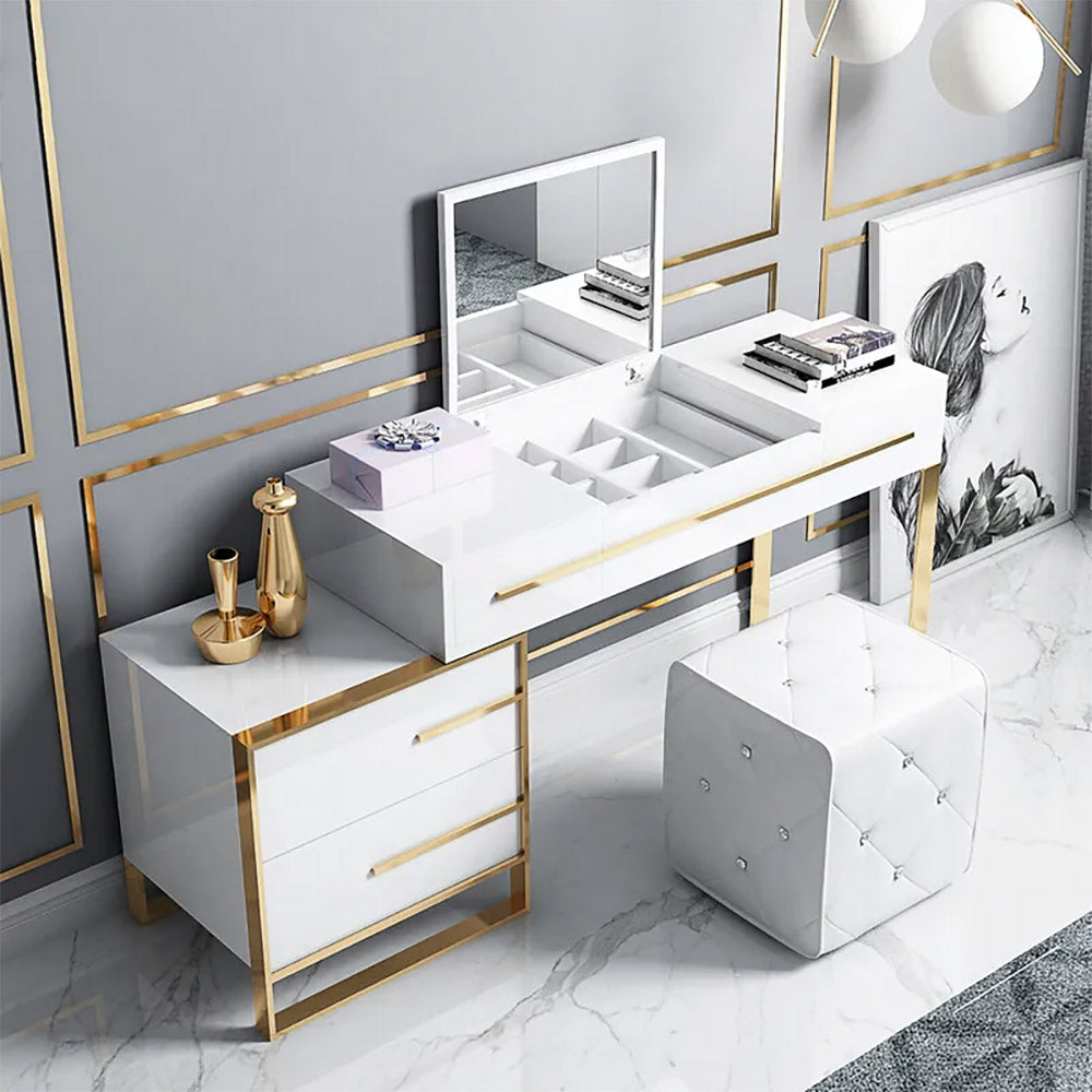 White Makeup Vanity with Storage & Flip Top Mirror 4 Drawers & Golden Base