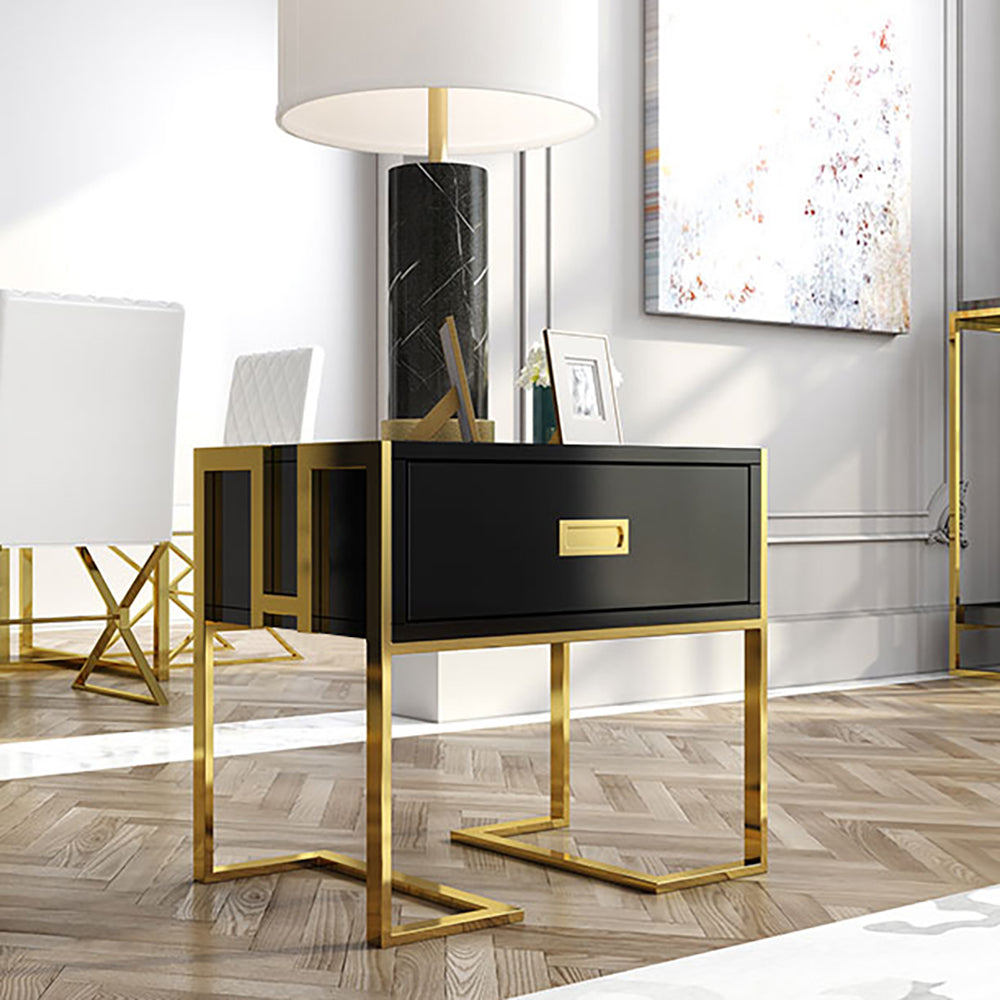 Jocise Modern Black Wooden End Table with 1 Drawer & Golden Double Pedestal