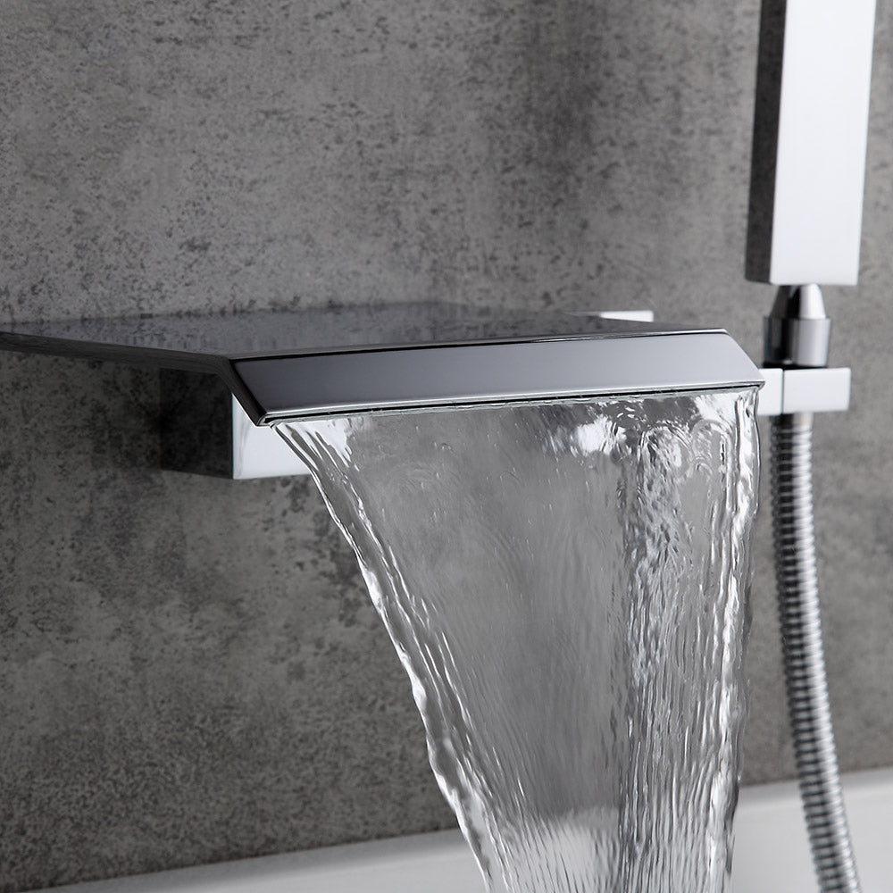 Moda Polished Chrome Wall-Mounted Waterfall Bath Tap with Hand Shower Solid Brass