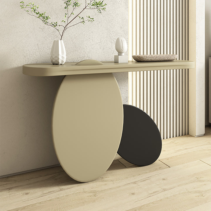 1000mm Modern Console Table Oval Wood Entryway Table with Abstract Circle Base Light Khaki & Black