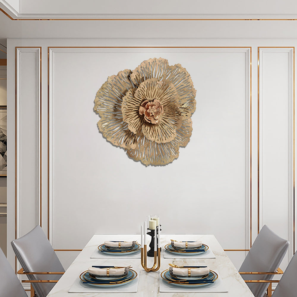 Modern Hollow-Out Peony Flower Gold Pendant Sofa Background Metal Wall Decor