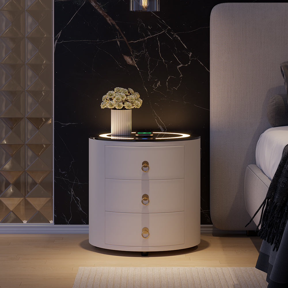 Round PU Leather Nightstand with Wireless Charging & Speakers & USB Port Modern Off-White Bedside Table