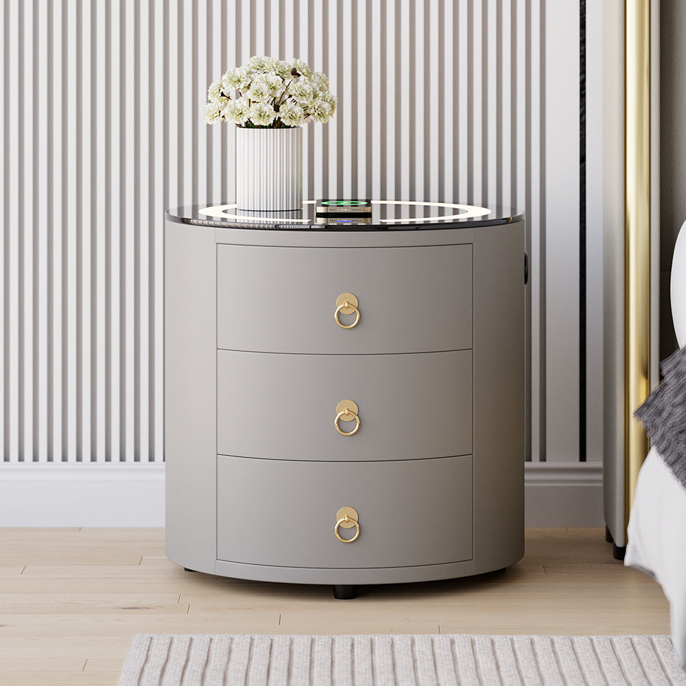 Modern Grey Round Nightstand with Light & Wireless Charging & Speakers & USB Port