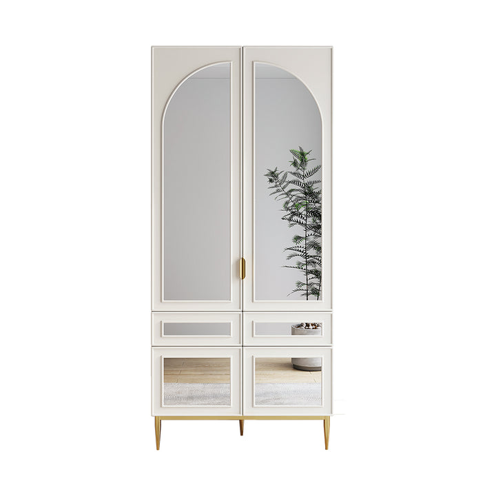 Modern Farmhouse White Armoire Clothes Cabinet with Arched Mirror 2 Drawers & 4 Doors