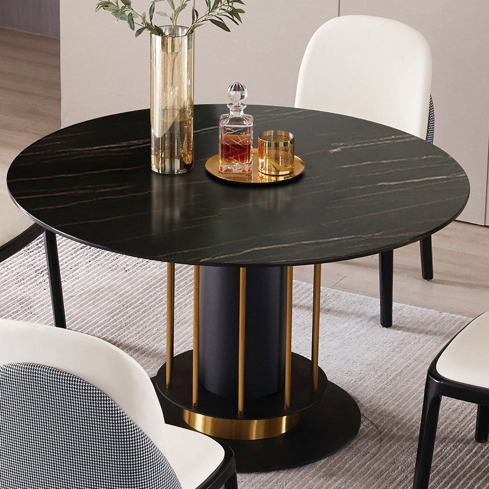 Round Dining Table Modern Black Sintered Stone Dining Table Stainless Steel Base