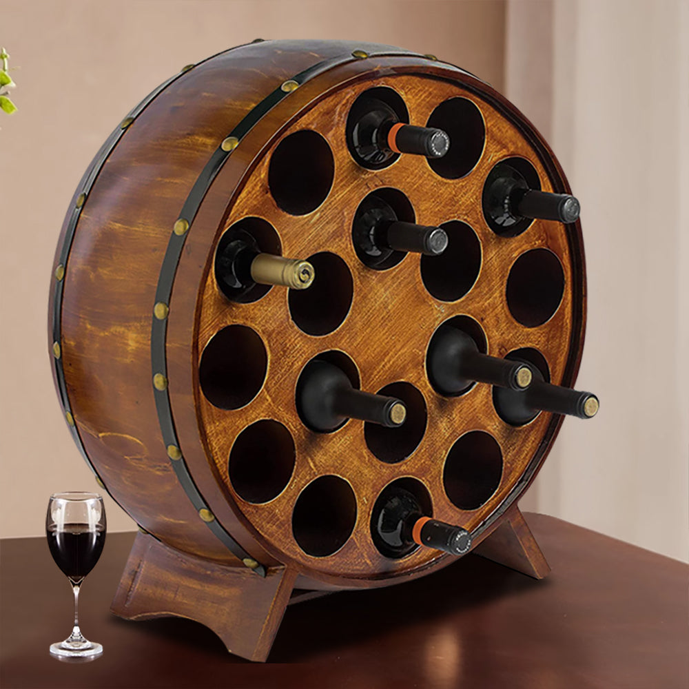 18 Bottles Vintage Wood Barrel Wine Rack Round Shaped Stackable Floor Wine Rack