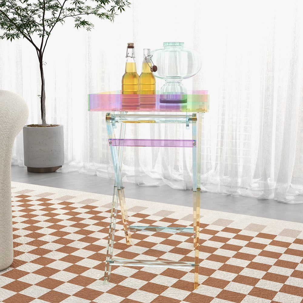 Modern Acrylic Folding Side Table Clear Square Iridescent End Table