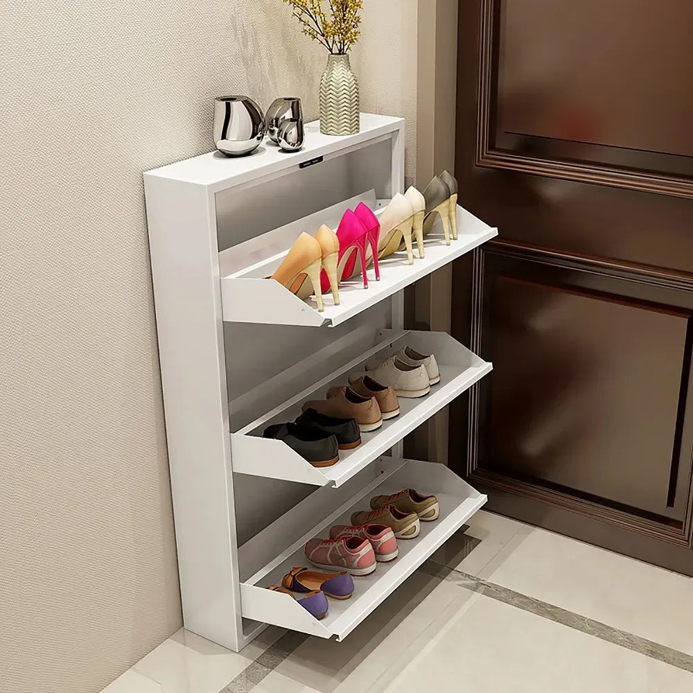 650mm White Narrow 3 Tiered Shoe Storage Cabinet Wall Mounted in Medium