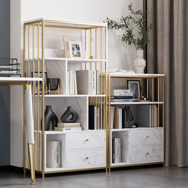 Modern White Bookshelf Wood Book Shelf with 2 Drawers & Ample Open Storage in Gold Metal Frame