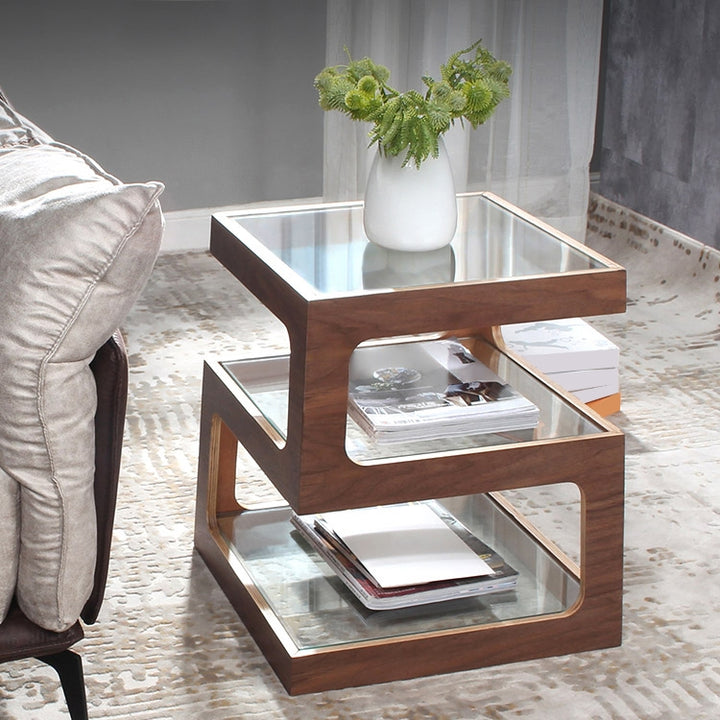 Modern Glass Side Table with 3 Tiers S-shaped End Table in Walnut