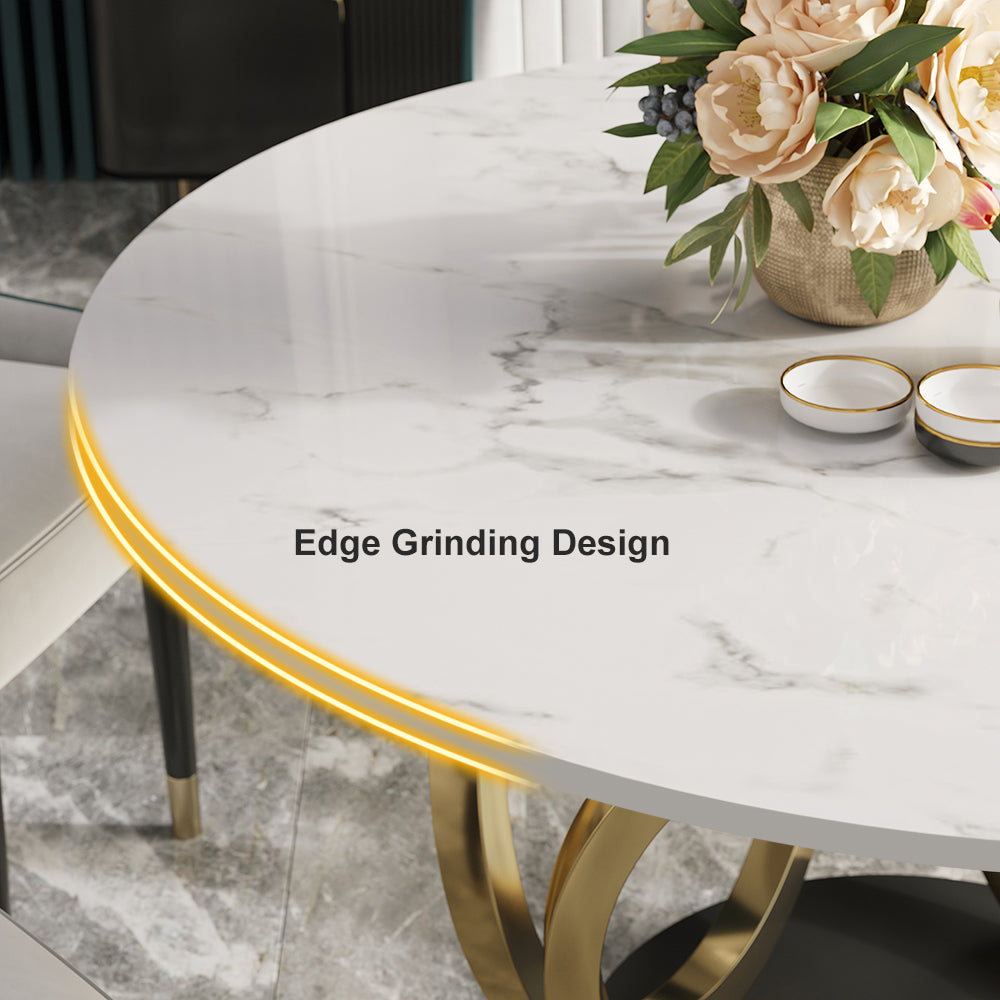 Round Dining Table Sintered Stone Top Gold & Black Pedestal for 6 Person Modern White