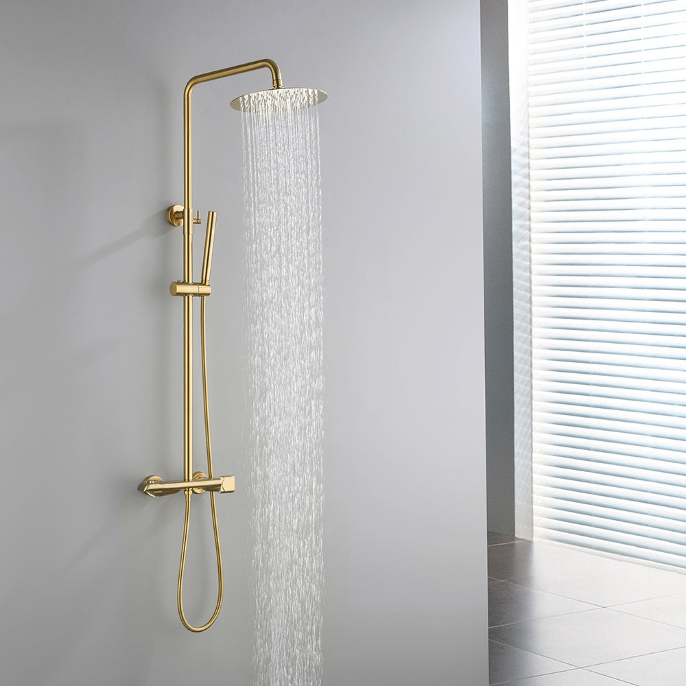 250mm Modern Luxury Exposed Shower Fixture Thermostatic Rainfall Shower Head Gold