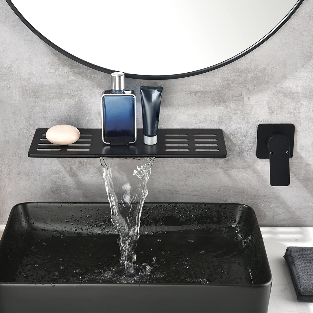 Modern Waterfall Wall Mounted Bathroom Basin Tap Single Handle in Black