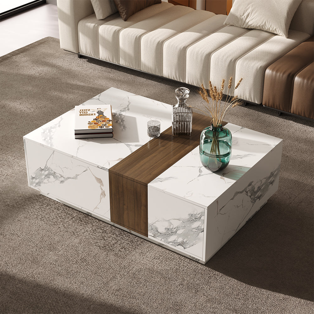 Homary Vewal Wood Block Coffee Table Marble & Walnut Veneer in White with 2 Drawers